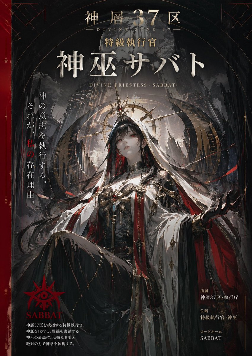 为「第37神圣层区特别执行官，萨满·安息日」制作一张竖版角色海报。通过戏剧化的构图、高对比度的电影级光影，以及官方风格化的海报美学，捕捉该角色黑暗神秘的世世界观，营造出一种既超脱世俗又威严权威...