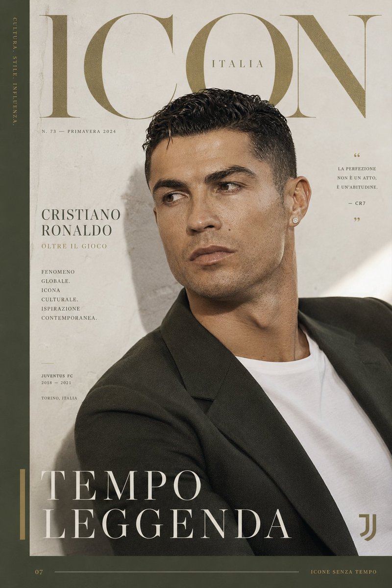 创作一幅高端的克里斯蒂亚诺·罗纳尔多（Cristiano Ronaldo）海报，灵感源自意大利时尚杂志、奢华编辑摄影以及当代视觉文化。采用尤文图斯时期的罗纳尔多，以时尚编辑级的精致风格进行塑造...