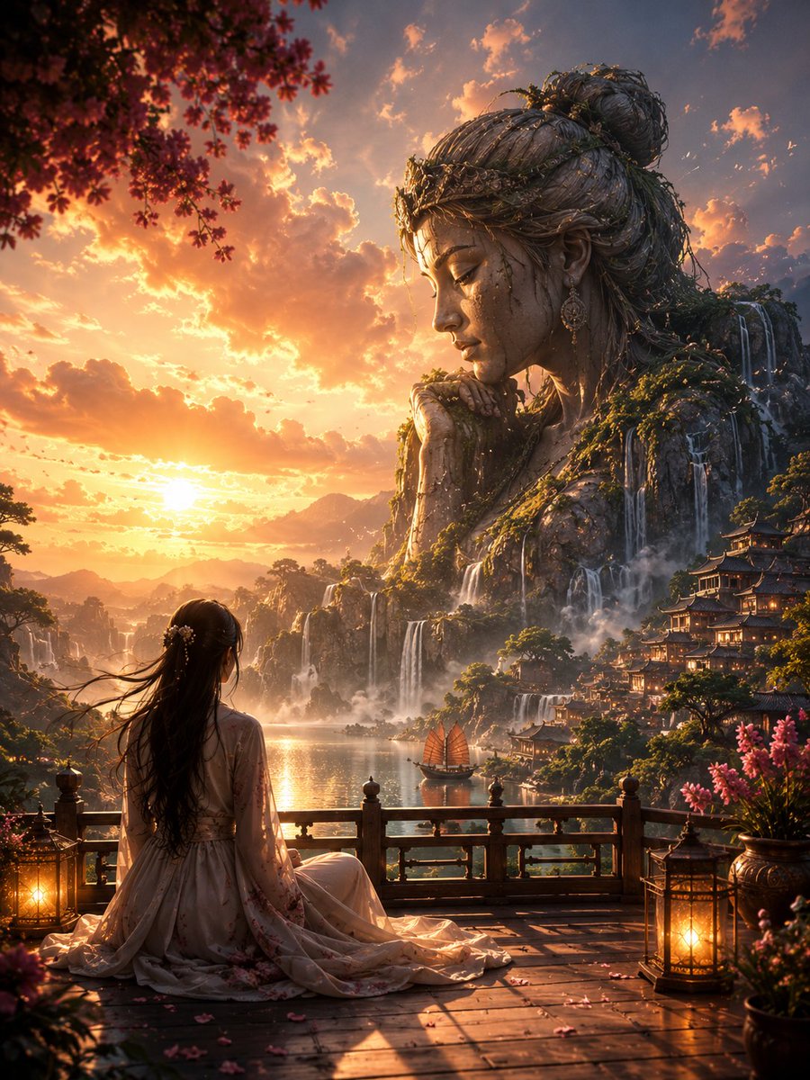 创作一幅超写实电影级奇幻艺术作品，画幅比例为竖向 4:5。 一位优雅的年轻女子安静地坐在一座雅致的木质露台上，俯瞰金色时刻的魔法山谷。她身穿一件带有精致刺绣的飘逸象牙白花卉连衣裙，画面主要以背...