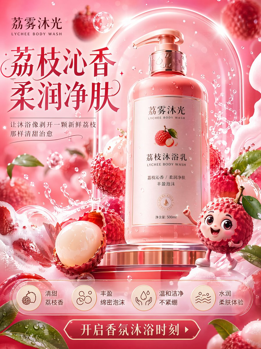 廉价包装,浑浊的色彩,对比度弱,灯光暗淡,构图杂乱,卡通低质量吉祥物,食物与饮料混淆,塑料感的泡沫,文字拥挤,低分辨率,糟糕的反光,水印,瓶子变形,色调泛白,普通超市沐浴露风格