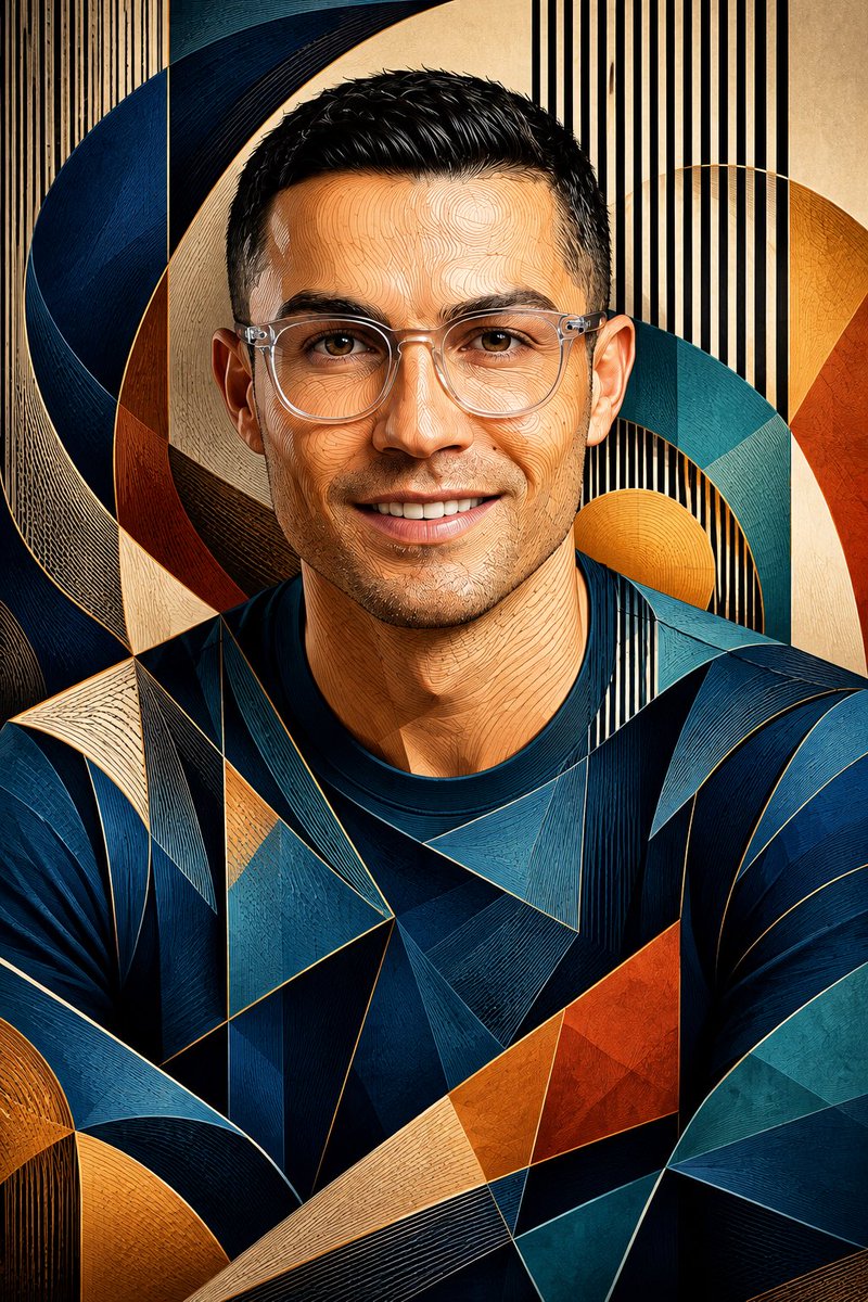 将上传的肖像画转化为融合光学轮廓线插画与现代几何立体主义的杰作。严格保留原人物的面部特征、眼镜、发型、年龄、肤色及面部比例。用数百条流畅的垂直轮廓线勾勒面部，使其自然地弯绕过眼睛、鼻子、脸颊、...