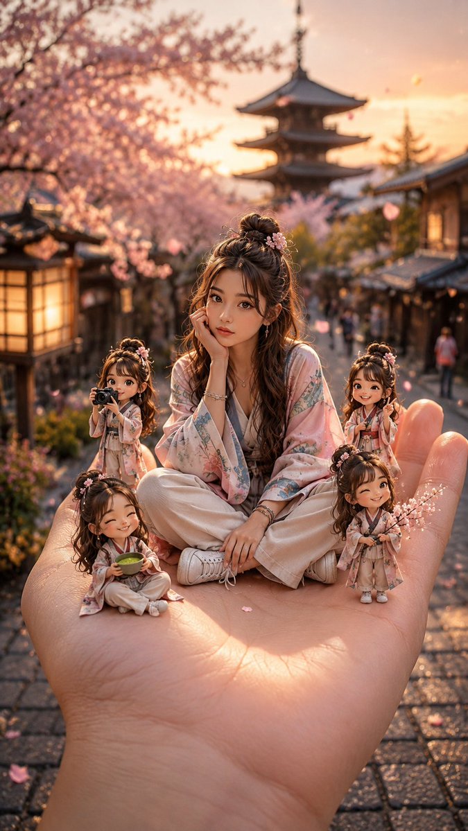 京都微缩樱花梦 小世界，大想象。 GPT Image 将京都变成了一场可握在掌心的梦境。 提示词 创建一个全新、适合病毒式传播的奇幻旅行图片，比例为 9:16 竖版格式。 主题：日本京都的樱花...