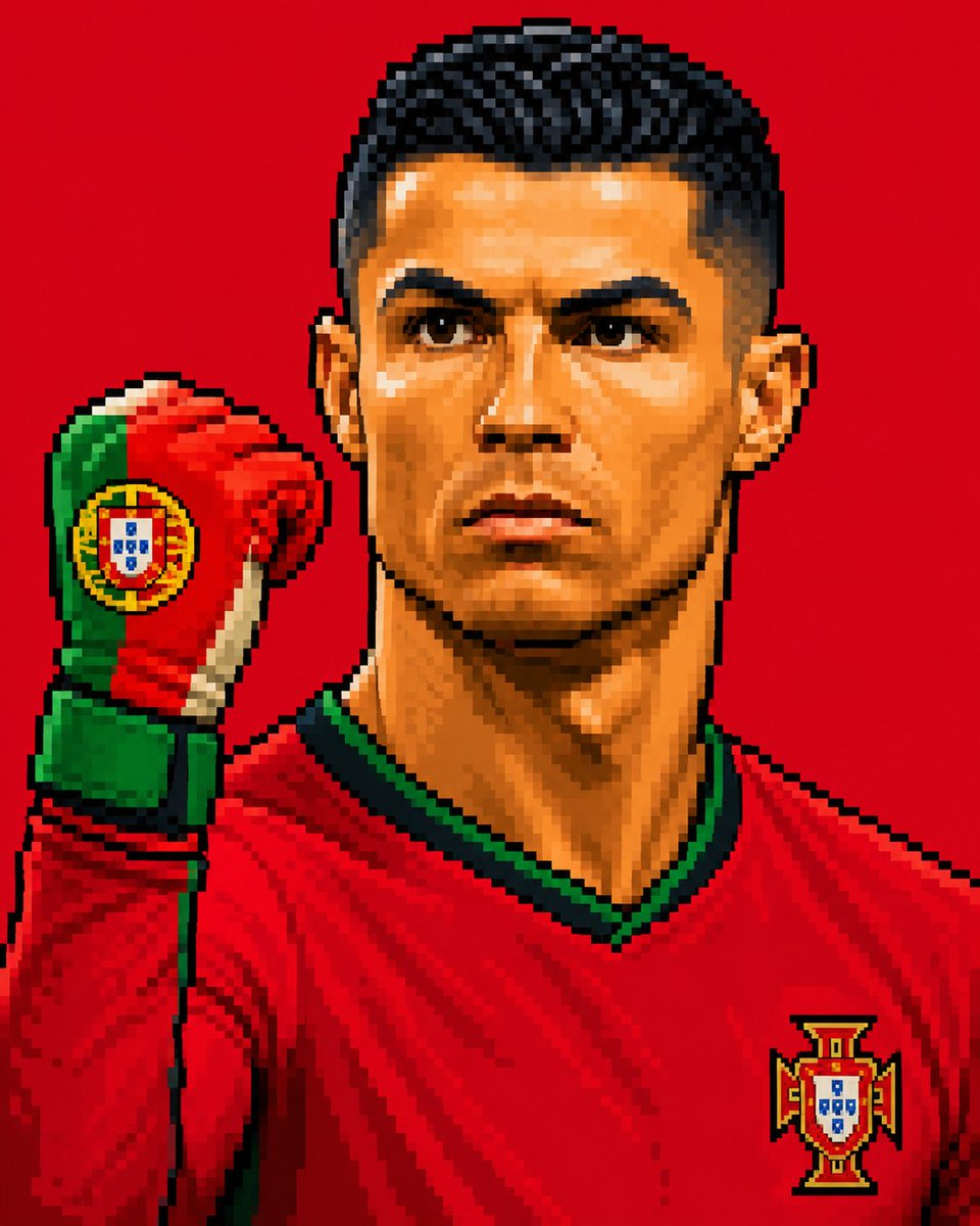 以方形为灵感的 FIFA 世界杯 2026 个人肖像画，采用 4:5 宽高比，以上传的图片作为姿势、构图、身份和像素艺术风格的精确参考。创建一个细节丰富的复古像素艺术风格的主体，具有大块可见的...