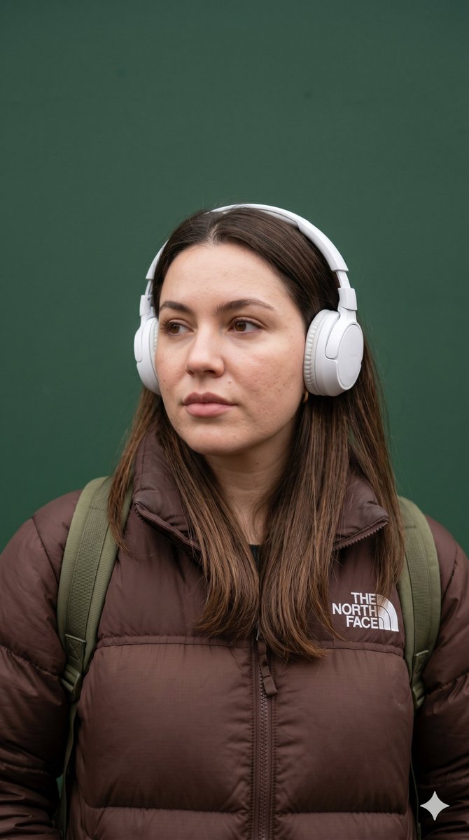 超现实的生活方式人像照：一位二十出头的年轻女性，拥有柔和的鹅蛋脸，中性偏白肤色呈现出真实的自然质感，带有淡淡的红晕和柔和的哑光妆面。她有着长直的中棕色头发，中分，自然地垂落在脸颊两侧。她的浅棕...