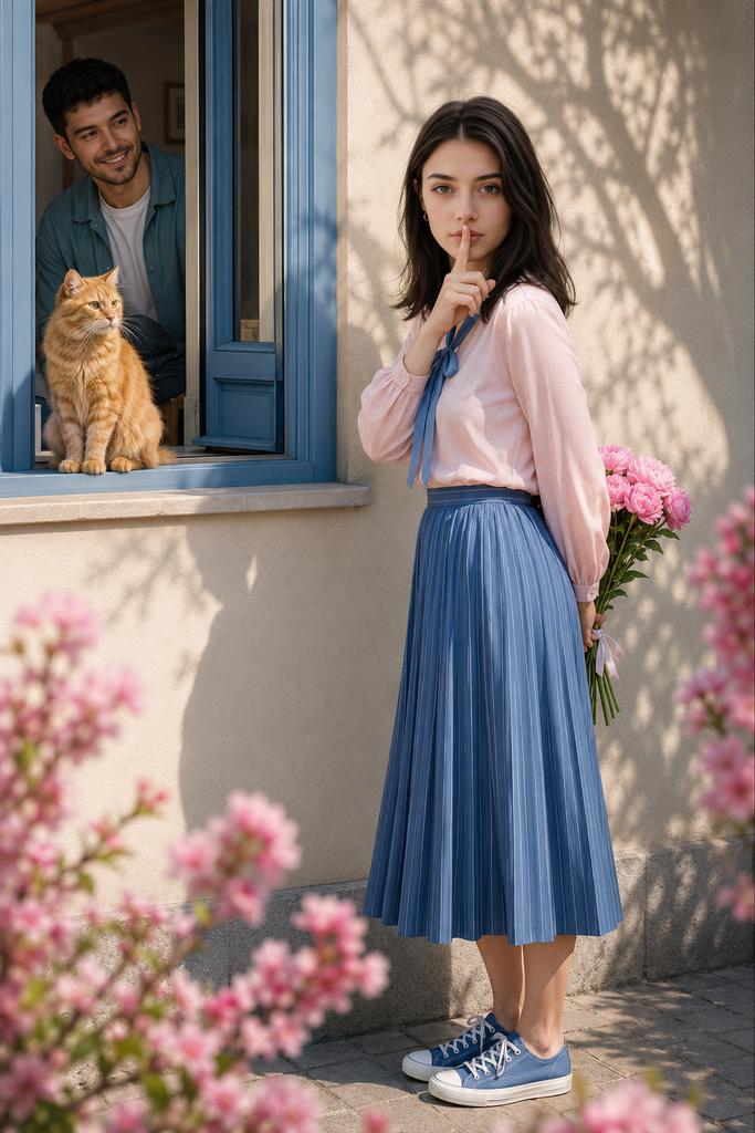 一幅充满活力、高度细致、超现实逼真的图像，呈现一个俏皮的春日场景。一位美丽的年轻女子站在一栋米黄色光滑外墙的房子外，用手指抵在唇边做出一个"嘘"的秘密手势，同时俏皮地将一束粉色鲜花藏到身后。她...