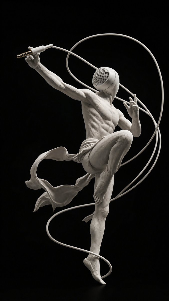 形态之声-ChatGPT 图像 2 -提示词分享 165 制作于 @Hailuo_AI 提示词👇 一个超现实主义现代艺术雕塑，其中白色有线耳机与人体无缝融合。耳塞作为雕像的头部，身体由白色黏土...