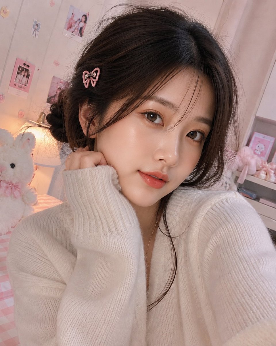 超写实室内特写自拍照，一位美丽女性（面部参考所给图像）拥有无瑕白皙的肌肤、柔和自然的妆容、水润珊瑚粉唇色、淡淡的蜜桃色腮红、轮廓分明的眉毛，以及直视镜头的温暖棕色眼睛。她有着深棕色头发，梳成松...