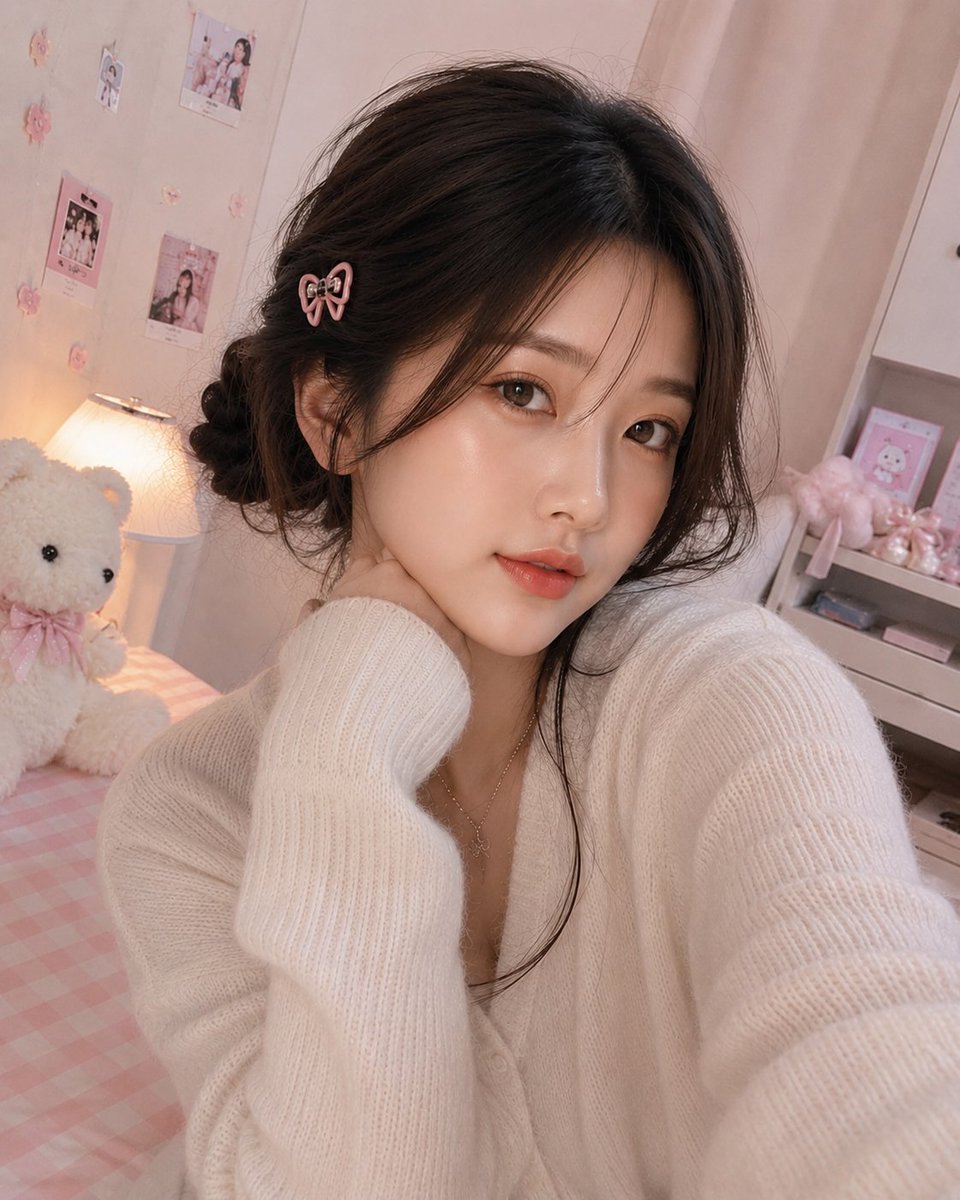 超写实室内特写自拍照，一位美丽女性（面部参考所给图像）拥有无瑕白皙的肌肤、柔和自然的妆容、水润珊瑚粉唇色、淡淡的蜜桃色腮红、轮廓分明的眉毛，以及直视镜头的温暖棕色眼睛。她有着深棕色头发，梳成松...