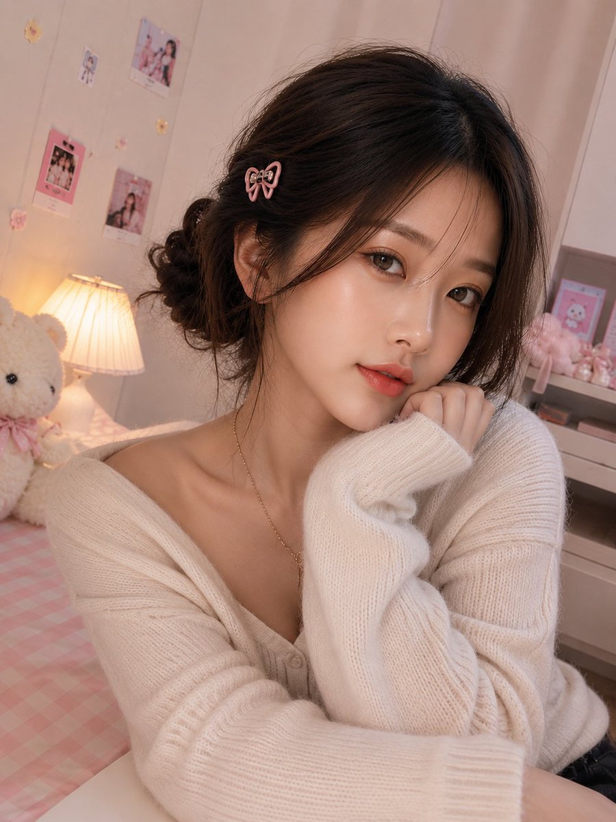 超写实室内特写自拍照，一位美丽女性（面部参考所给图像）拥有无瑕白皙的肌肤、柔和自然的妆容、水润珊瑚粉唇色、淡淡的蜜桃色腮红、轮廓分明的眉毛，以及直视镜头的温暖棕色眼睛。她有着深棕色头发，梳成松...