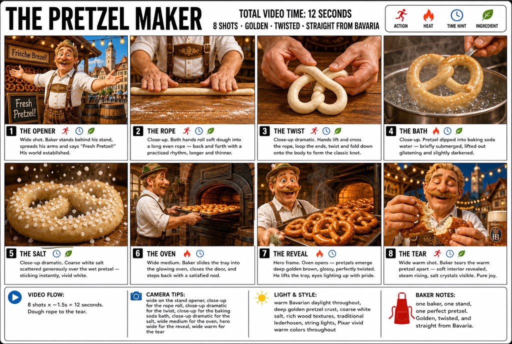 “为「碱水面包师」(THE PRETZEL MAKER) 制作一张清晰、简洁的信息图式故事板海报。宽幅 16:9 布局，白色背景，黑色边框，粗体黑色字体，高级皮克斯 3D 风格化渲染，明亮鲜艳...