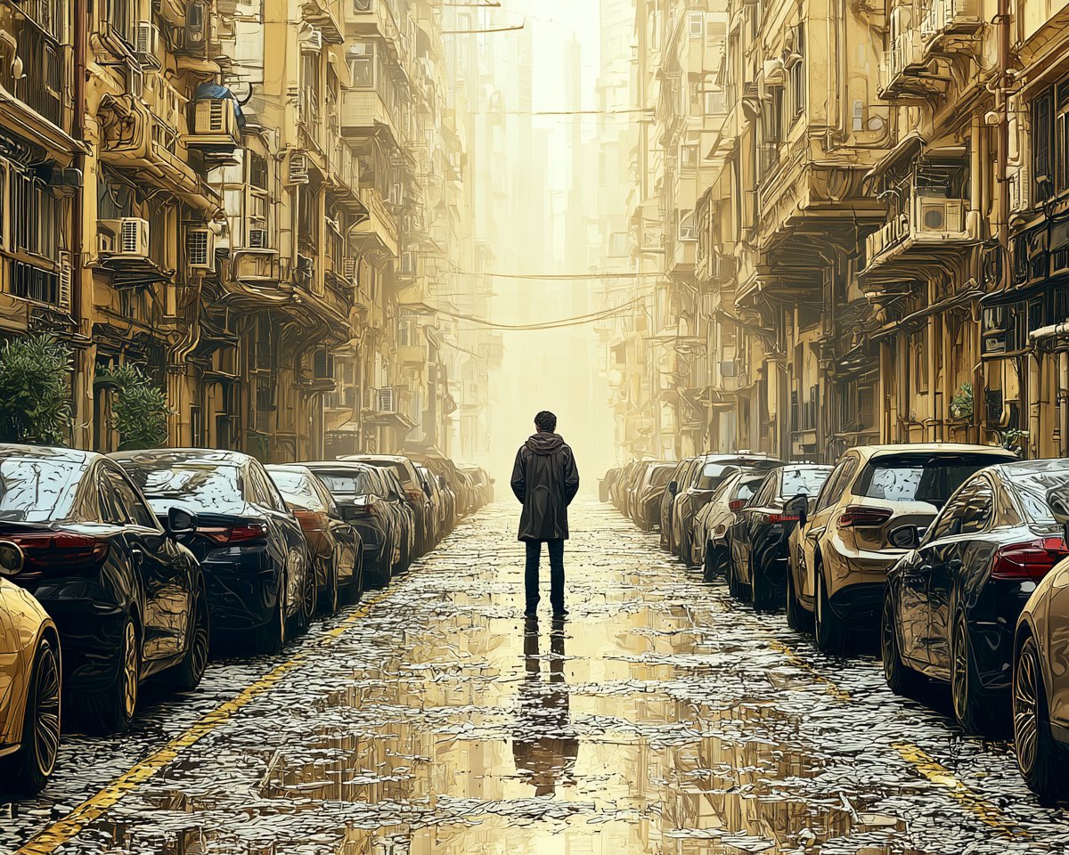 一个孤独的身影站在狭窄的、被雨水浸透的小巷中，层层叠叠的建筑，柔和的雾气，远处的光线，湿润的路面，静谧的电影感氛围 图像 01：无 SREF 图像 02：--sref 2478276195 图...