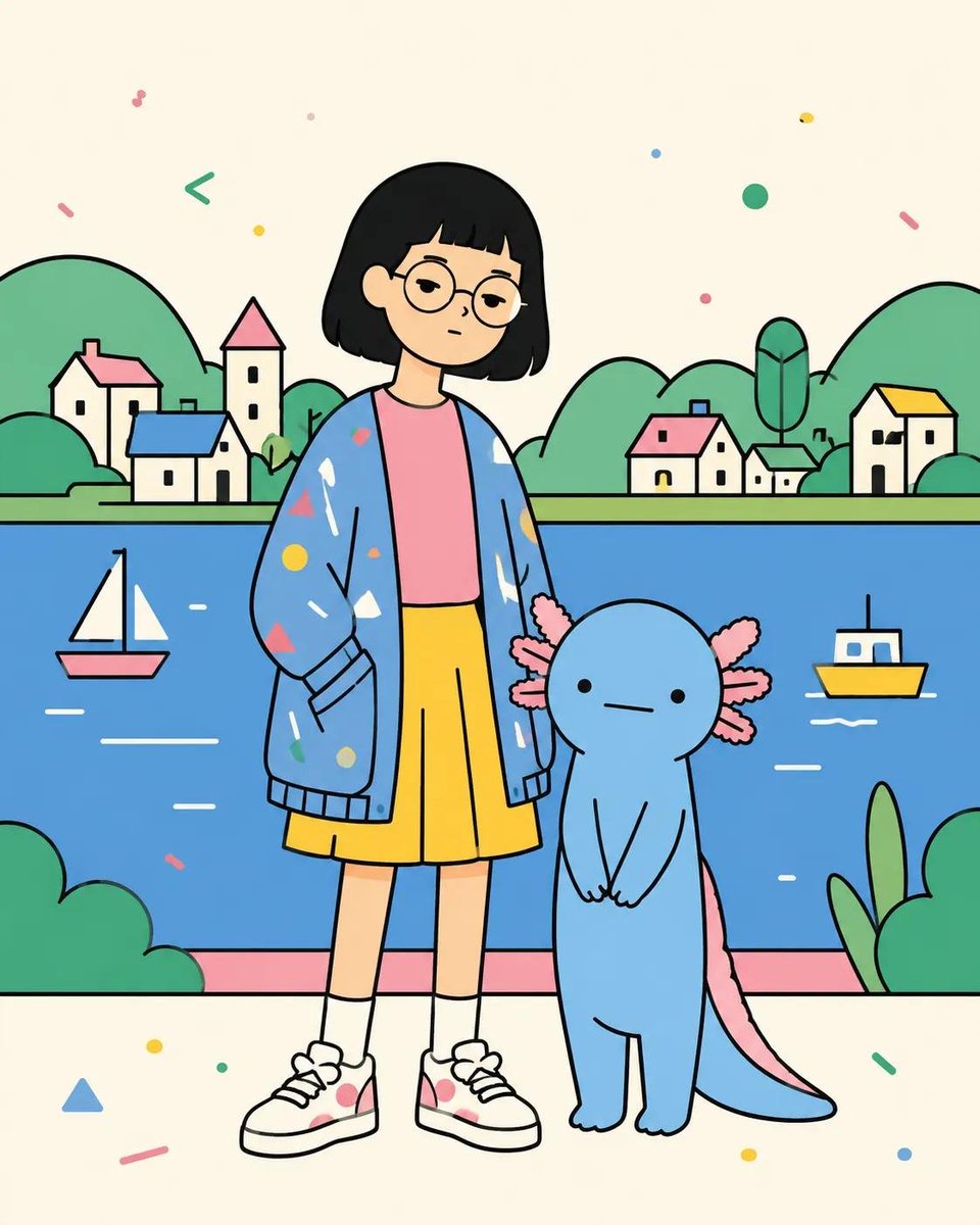 俏皮的扁平矢量海报插画，画面中[HUMAN]与[ANIMAL]以[POSE]姿势合影，身穿[CLOTHING]，背景设定在[SCENERY]。使用干净粗黑的轮廓线、简洁圆润的几何形状、纯色平涂...