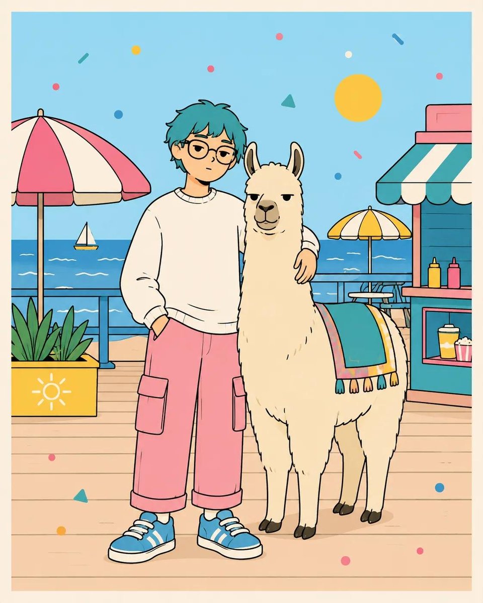 俏皮的扁平矢量海报插画，画面中[HUMAN]与[ANIMAL]以[POSE]姿势合影，身穿[CLOTHING]，背景设定在[SCENERY]。使用干净粗黑的轮廓线、简洁圆润的几何形状、纯色平涂...