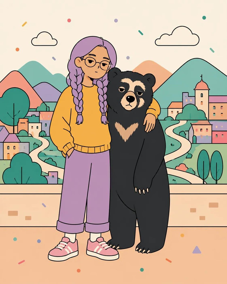 俏皮的扁平矢量海报插画，画面中[HUMAN]与[ANIMAL]以[POSE]姿势合影，身穿[CLOTHING]，背景设定在[SCENERY]。使用干净粗黑的轮廓线、简洁圆润的几何形状、纯色平涂...