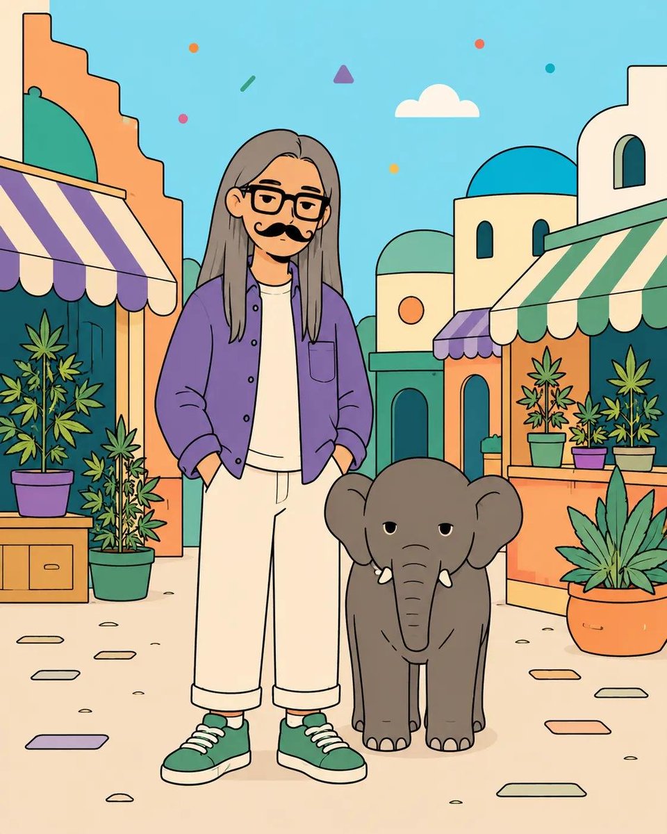 俏皮的扁平矢量海报插画，画面中[HUMAN]与[ANIMAL]以[POSE]姿势合影，身穿[CLOTHING]，背景设定在[SCENERY]。使用干净粗黑的轮廓线、简洁圆润的几何形状、纯色平涂...