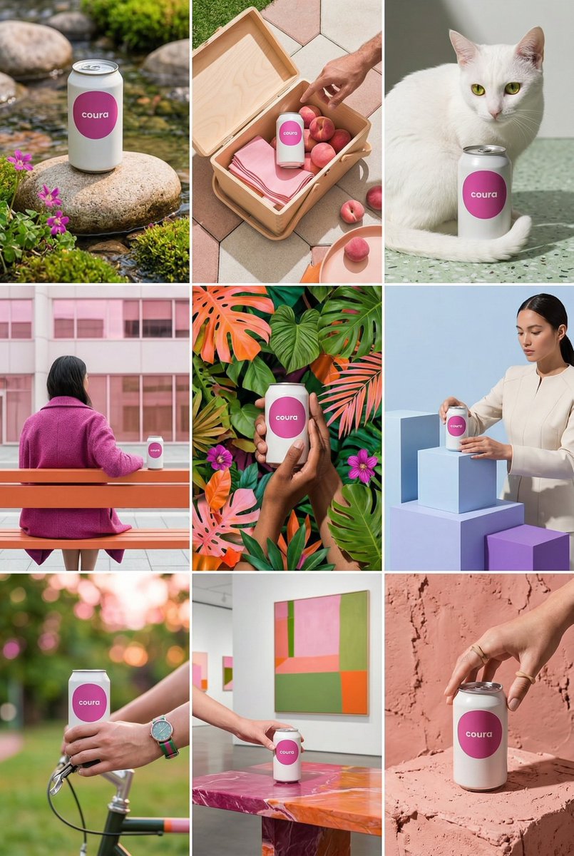 为这款产品设计一个 9 图 Instagram 主页，保持 [相同的美学风格]。使用多样化的地点、角度和构图 —— 融入人物、动物、自然和不同的环境，同时保持视觉风格的统一。 提示：尝试加上和...