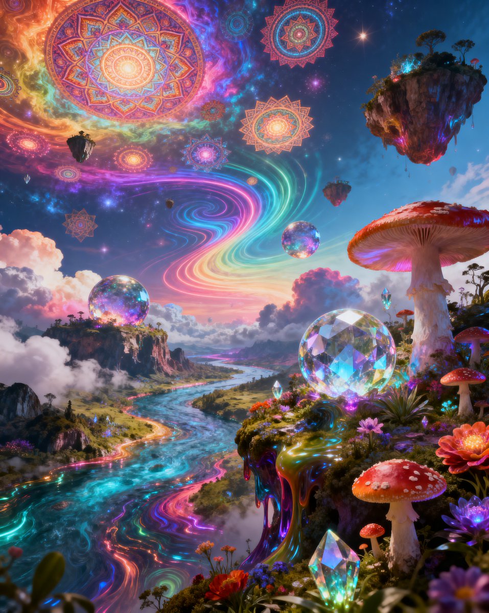迷幻主题 @SocialSight Seedream 4 提示词 一个超现实的迷幻梦境场景,充斥着不可能的几何图形、旋转流动的液体色彩、万花筒般的图案、漂浮的水晶球体、融化般的风景、发光的蘑菇...