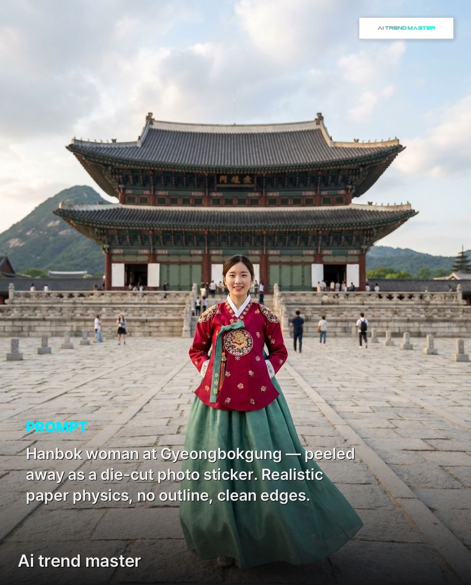 韩国文化遗产,以病毒式传播的AI提示词形式焕新呈现 ✨🇰🇷 今日主题:韩服"照片剥离"效果 + 由微型工匠打造的螺钿漆器盒。向左滑动查看原图与完整提示词 👇 — 提示词 A — 广角定场镜头,...