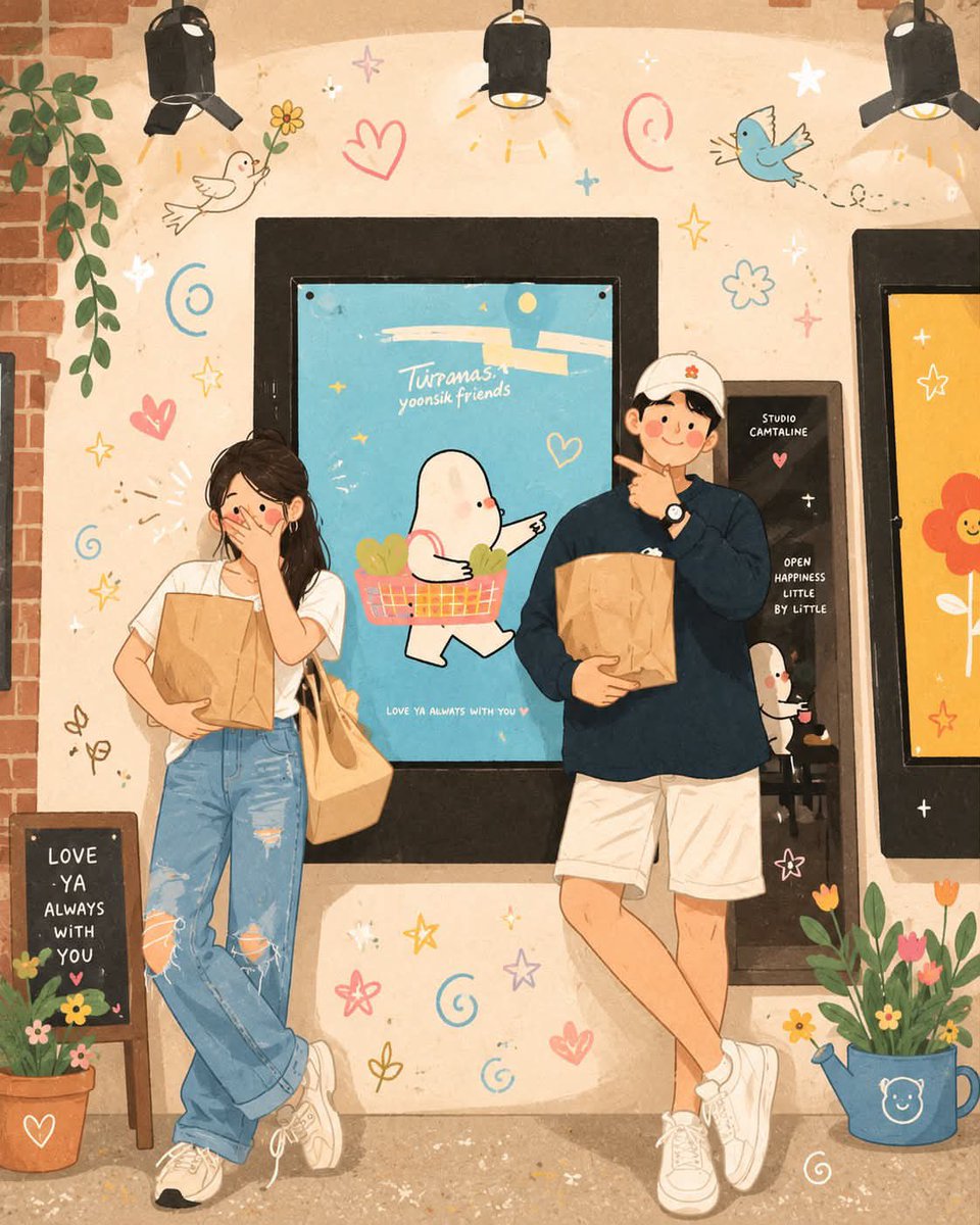 俏皮的韩式插画，柔和的马卡龙色调，温馨舒适的美学，手绘数字艺术，场景中散布着可爱的涂鸦元素（爱心、星星、漩涡、小鸟、花朵、云朵），温暖的阳光与梦幻氛围，干净的线条，害羞的红扑扑脸颊，迷人的卡通...