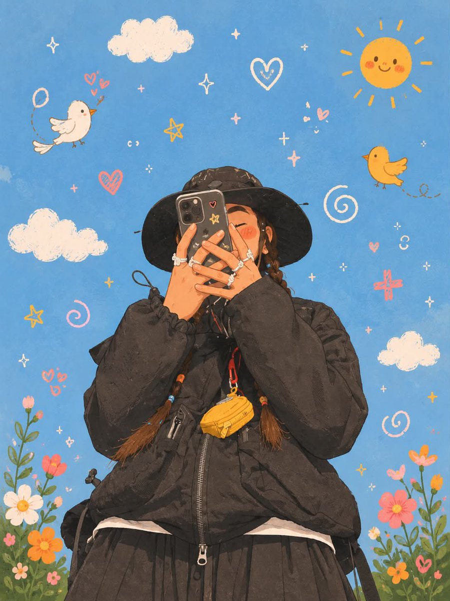俏皮的韩式插画，柔和的马卡龙色调，温馨舒适的美学，手绘数字艺术，场景中散布着可爱的涂鸦元素（爱心、星星、漩涡、小鸟、花朵、云朵），温暖的阳光与梦幻氛围，干净的线条，害羞的红扑扑脸颊，迷人的卡通...