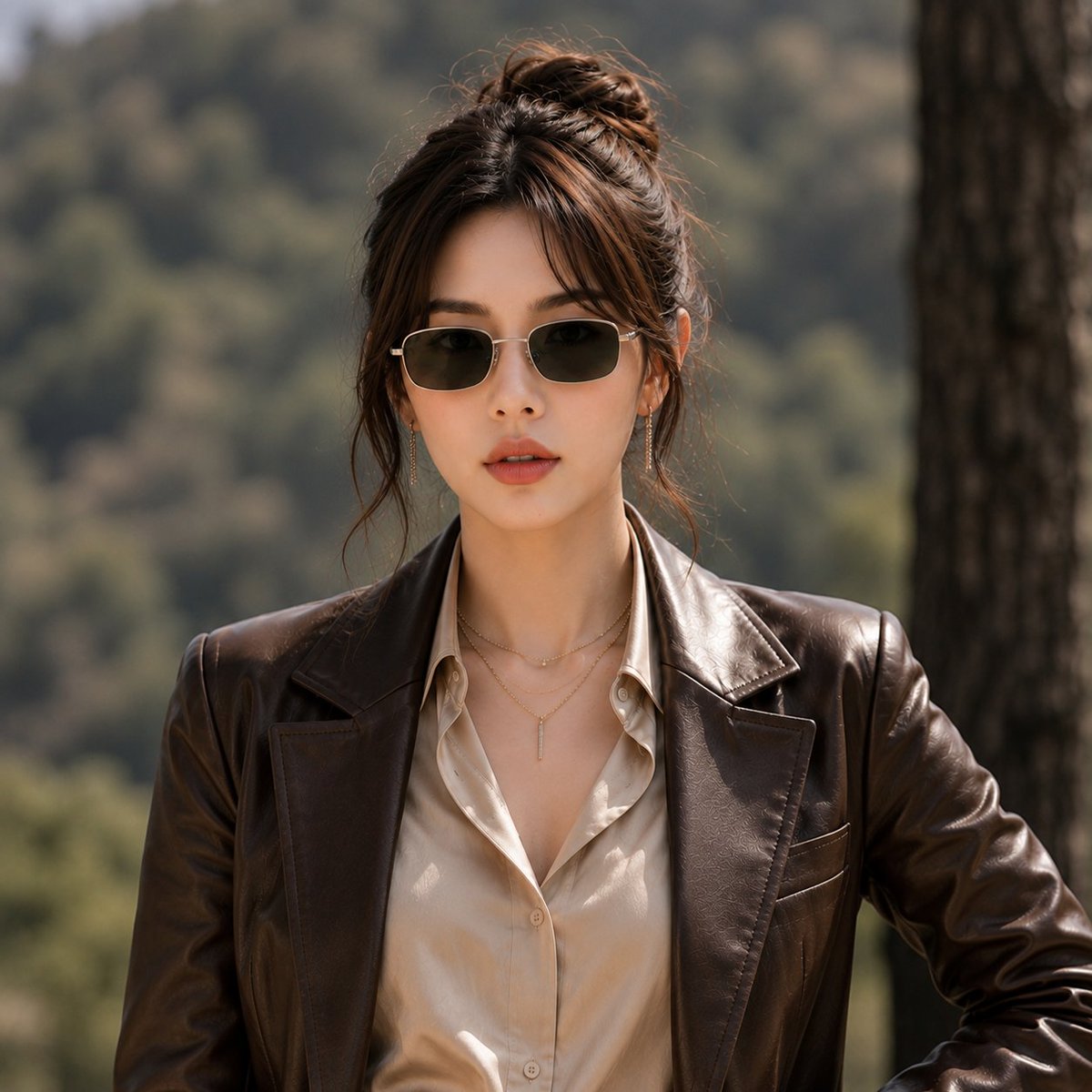 超现实时尚人像，一位优雅女性（参考图像中提供的面部）站在户外山林森林环境中，直视镜头。深棕色头发，蓬松随意的低发髻，脸颊两侧有柔和的碎发垂落，戴着细长方形黑色墨镜，精致垂坠耳饰，层叠金色项链，...