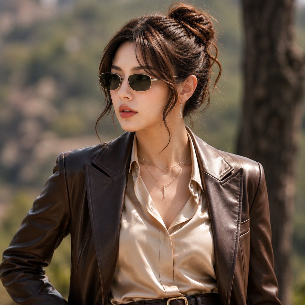 超现实时尚人像，一位优雅女性（参考图像中提供的面部）站在户外山林森林环境中，直视镜头。深棕色头发，蓬松随意的低发髻，脸颊两侧有柔和的碎发垂落，戴着细长方形黑色墨镜，精致垂坠耳饰，层叠金色项链，...