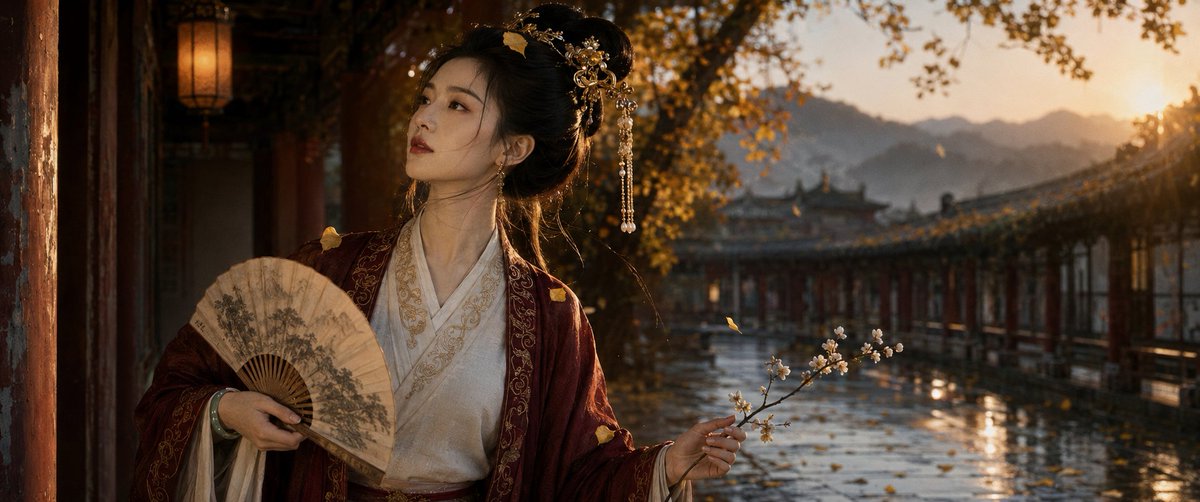 GPT- image 2 prompt 👇 一张影视级电影感古装人像，主体是一位黑发亚洲女性，发髻高挽，几缕散发垂落于耳侧与颈部，头戴精致鎏金步摇与珍珠流苏发饰，随微风轻颤。面容清冷端庄，柳叶...
