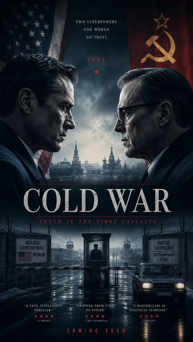 为电影《冷战》(Cold War) 打造一张电影感十足的电影海报，采用传奇国际海报设计师的风格——戏剧级品质、高度张力、世界级完成度。 完整提示：https://t.co/n9Wq6eD65m...