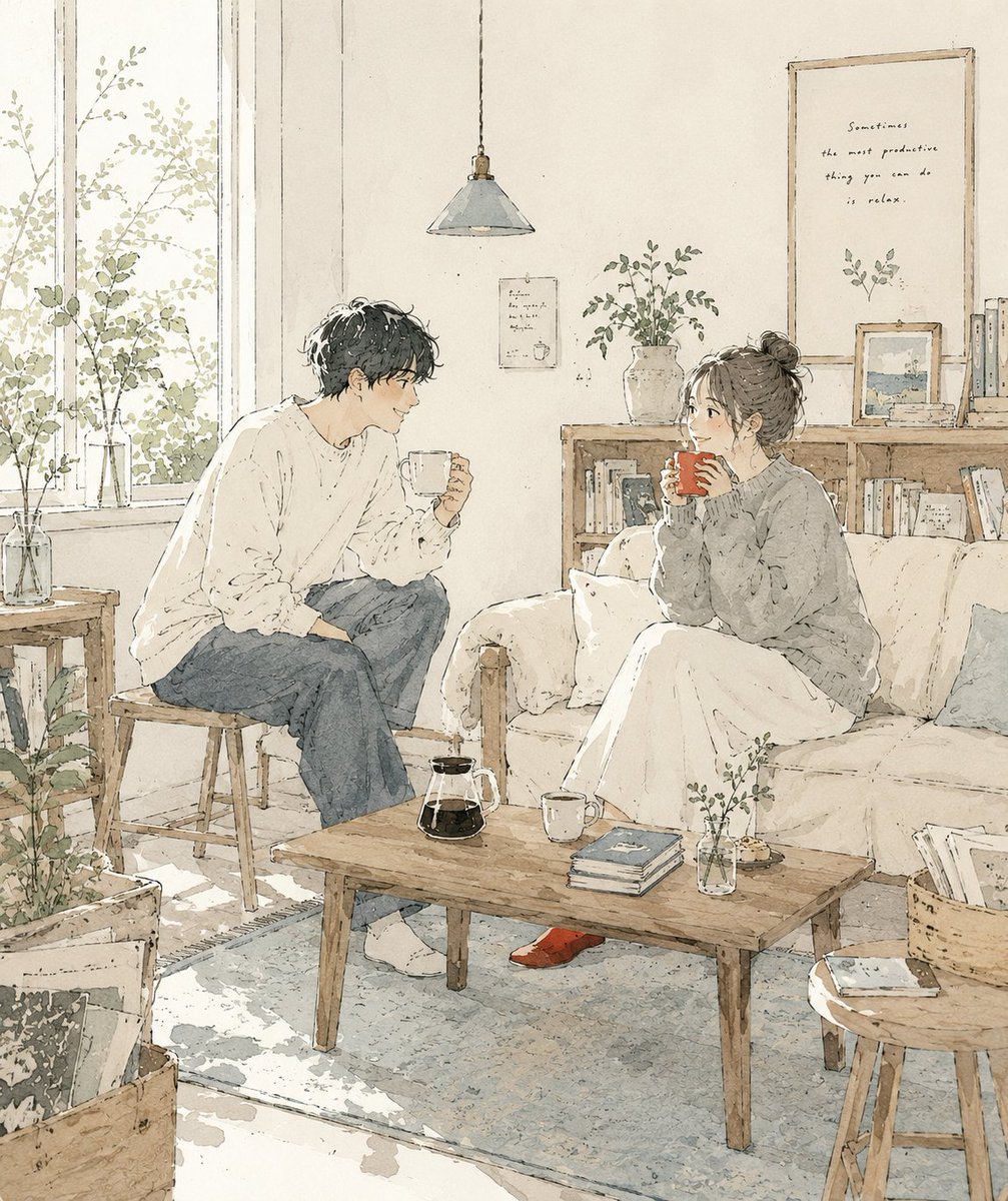 创作一幅精致的当代日本生活方式插画，营造温馨的日常生活氛围。 艺术风格 手绘钢笔素描插画，细腻富有表现力的线条，宽松不完美的轮廓，极简编辑艺术风格，柔和的水彩晕染，隐约的纸质纹理，优雅的留白空...