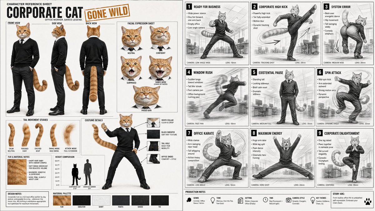 分镜提示 标题：CORPORATE CAT GONE WILD（公司猫疯狂起舞）—— 9格电影分镜 + 角色参考表 创建一个宽幅专业电影制作分镜信息图，将完整的角色参考表与 9 格电影分镜组合...