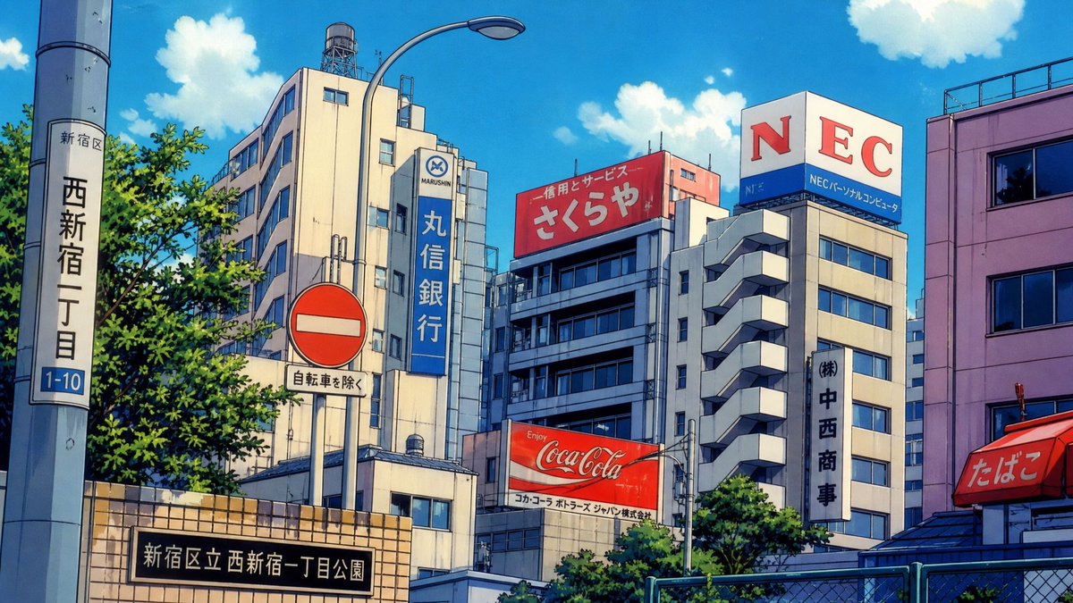 复古1980年代动漫风格，手绘赛璐珞动画，场景设定在所附环境参考图中的阳光明媚的城市街道——高楼林立，遍布日文招牌和广告，蔚蓝天空点缀着朵朵白云，温暖日光。@ Video1 是一段动作与走位参...