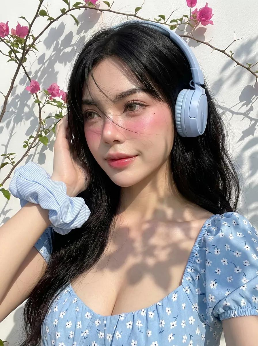 镜头类型： 特写肖像。梦幻、沐浴阳光的夏日美学。 主体与美妆标志（Glo 人设）： 一位来自参考图的美丽年轻女性。 * **肌肤：** 她标志性的“Signature Gloorv”（水光瓷肌...