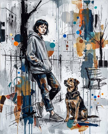 当代混合媒介城市绘画，画中[HUMAN]身着[CLOTHING]，以[POSE]立于[ANIMAL]旁，背景为[SCENERY]。在冷灰色与白色底色上运用[COLORS]，并伴有粗犷的黑色墨水...