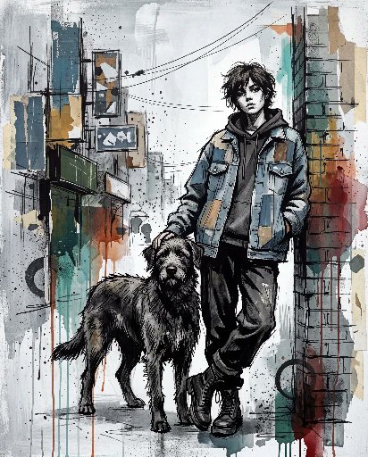 当代混合媒介城市绘画，画中[HUMAN]身着[CLOTHING]，以[POSE]立于[ANIMAL]旁，背景为[SCENERY]。在冷灰色与白色底色上运用[COLORS]，并伴有粗犷的黑色墨水...