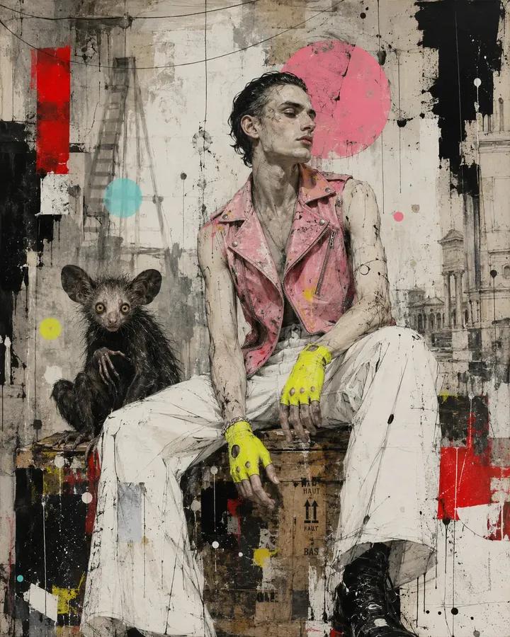 当代混合媒介城市绘画，画中[HUMAN]身着[CLOTHING]，以[POSE]立于[ANIMAL]旁，背景为[SCENERY]。在冷灰色与白色底色上运用[COLORS]，并伴有粗犷的黑色墨水...