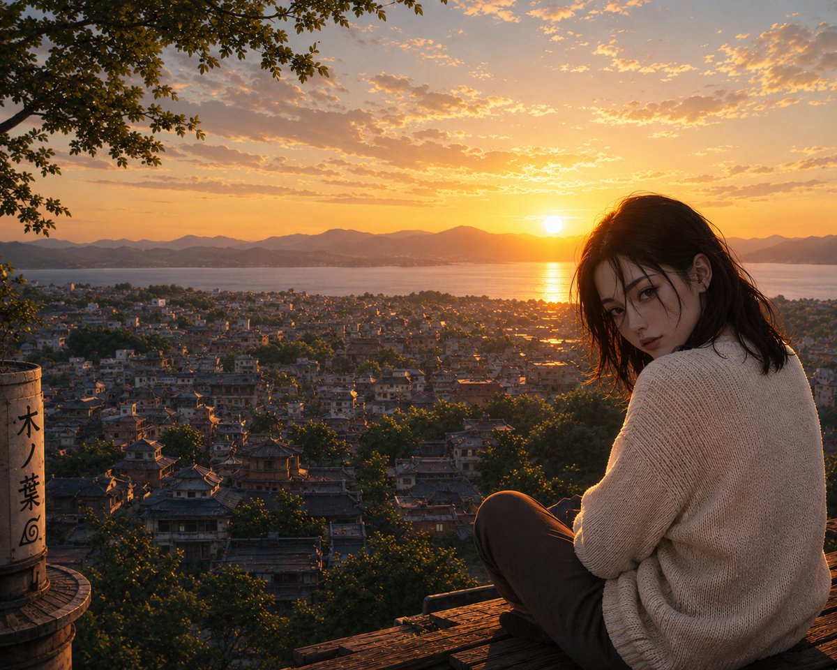 超写实电影感日落场景，一位美丽的年轻女子留着黑色短发，坐在木质屋顶的边缘，身穿米白色超大针织毛衣和深色长裤，以平静而略带神秘的神情回望镜头。下方是一座广阔的城市，传统屋顶与郁郁葱葱的绿树交相辉...