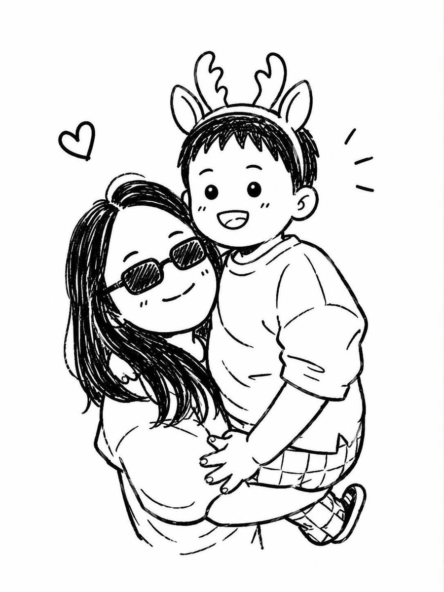 将上传的照片转换为可爱的黑白手绘Q版涂鸦插画。将母亲和孩子转换为拥有超大头部、小巧身体、圆圆的眼睛、柔和微笑和简化五官的可爱卡通角色的同时，保留...