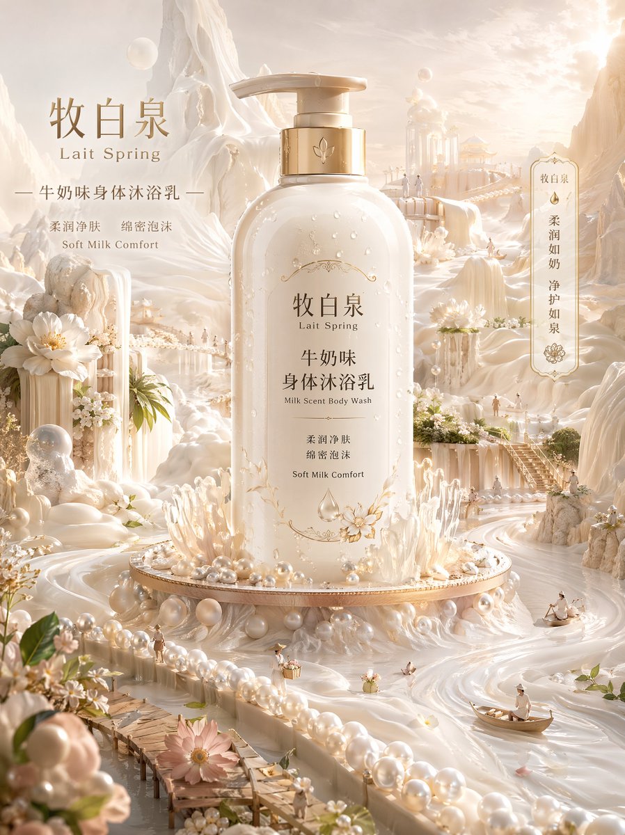 GPT- image 2 提示词👇 超现实奢华广告艺术作品，以一款高端牛奶香氛沐浴乳瓶作为宁静奶油质感养生世界的发光核心。品牌名称：牧白泉 / Lait Spring。瓶身产品名称：牛奶味身体...