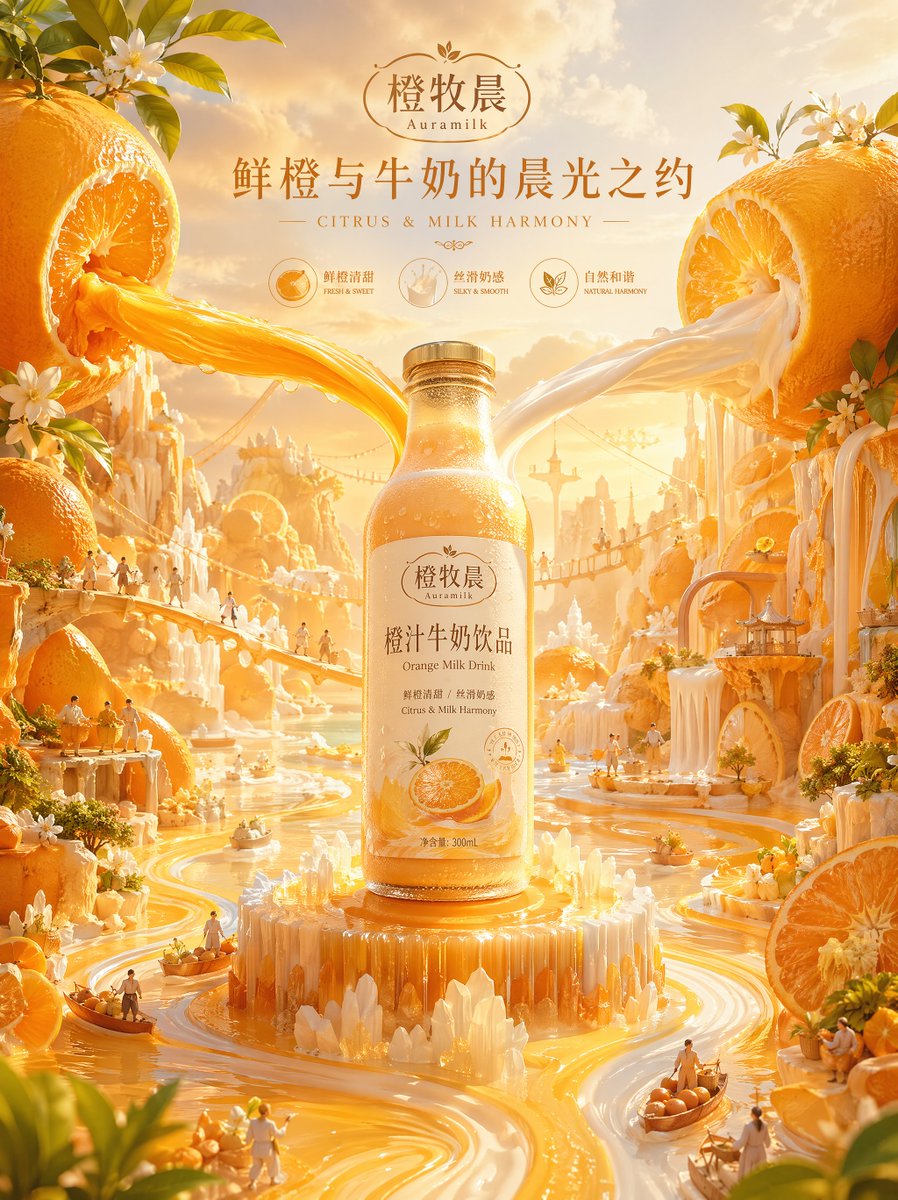 GPT- image 2 提示词👇 超现实奢华广告艺术作品，以一款高端牛奶香氛沐浴乳瓶作为宁静奶油质感养生世界的发光核心。品牌名称：牧白泉 / Lait Spring。瓶身产品名称：牛奶味身体...