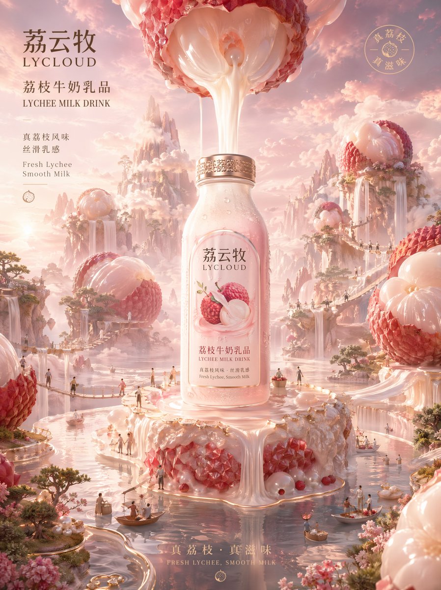GPT- image 2 提示词👇 超现实奢华广告艺术作品，以一款高端牛奶香氛沐浴乳瓶作为宁静奶油质感养生世界的发光核心。品牌名称：牧白泉 / Lait Spring。瓶身产品名称：牛奶味身体...