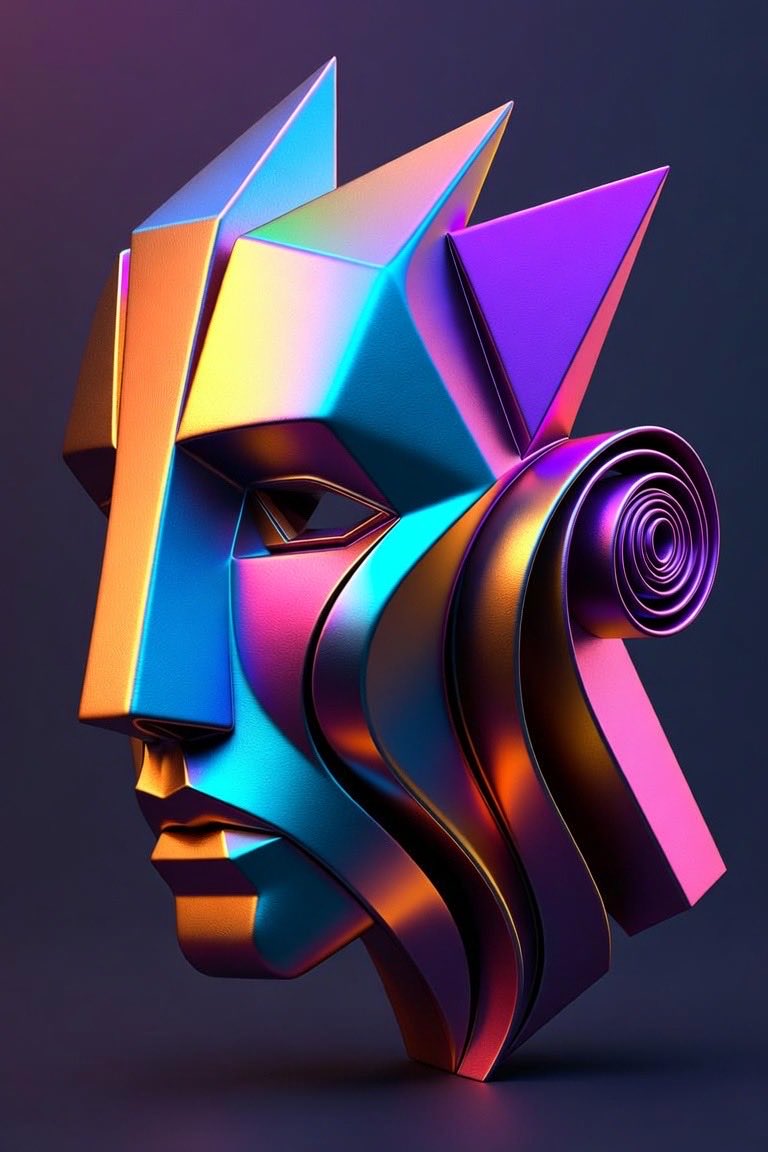 抽象几何 3D 雕塑,形似风格化的侧脸,漂浮在深紫蓝色渐变的虚空中。戏剧性的电影级打光。 雕塑棱角分明、锋利,由相互咬合的金属平面与切面构成,暗示出以下形态: - 一张强而有力的侧脸,朝向左方...
