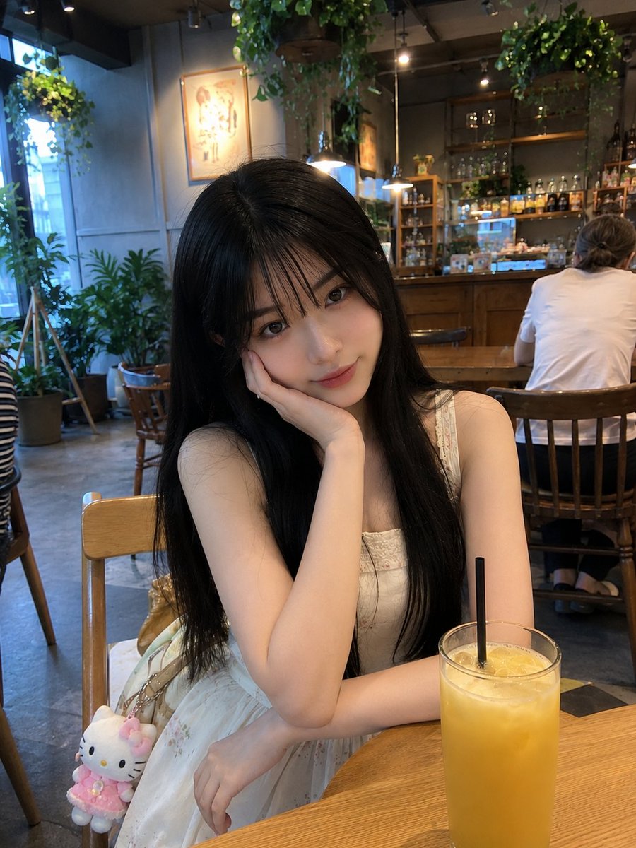 年轻的日本女孩，留着柔顺的长黑发、轻柔蓬松的刘海、白皙透亮的肌肤和一双大而传神的眼睛，随意地坐在一家温馨现代的咖啡馆里。身穿一件精致的奶油白无袖连衣裙，裙身点缀着细腻的花卉图案，双手自然地放在...