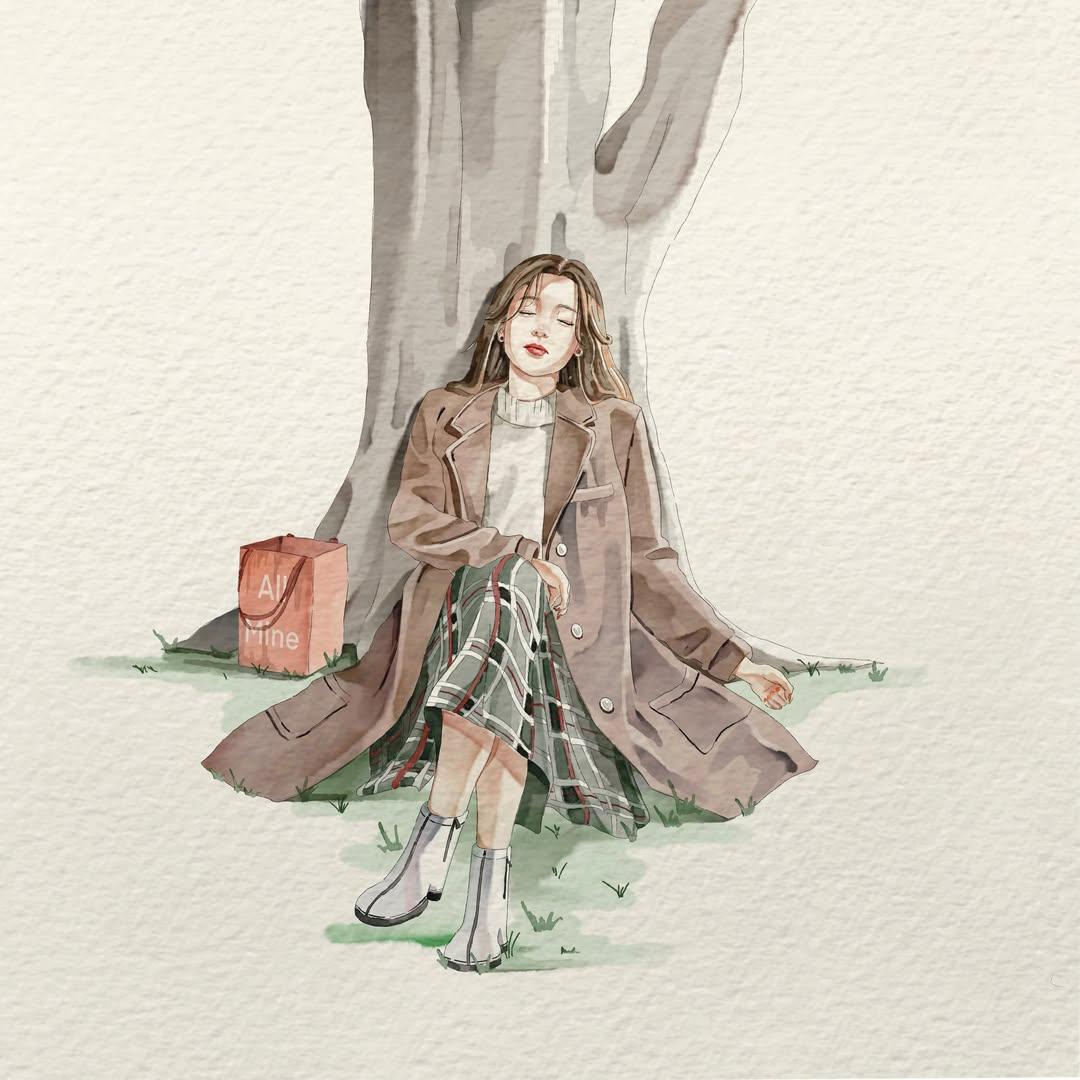 极简水彩插画，画面中一位年轻女子处于自然随性的日常瞬间，柔和的手绘动漫美学，细腻的墨线勾勒，带纹理的水彩纸背景，低饱和度柔和粉彩色调，富有表现力的姿态，飘逸的衣褶，主体周围点缀着细腻的颜料飞溅...