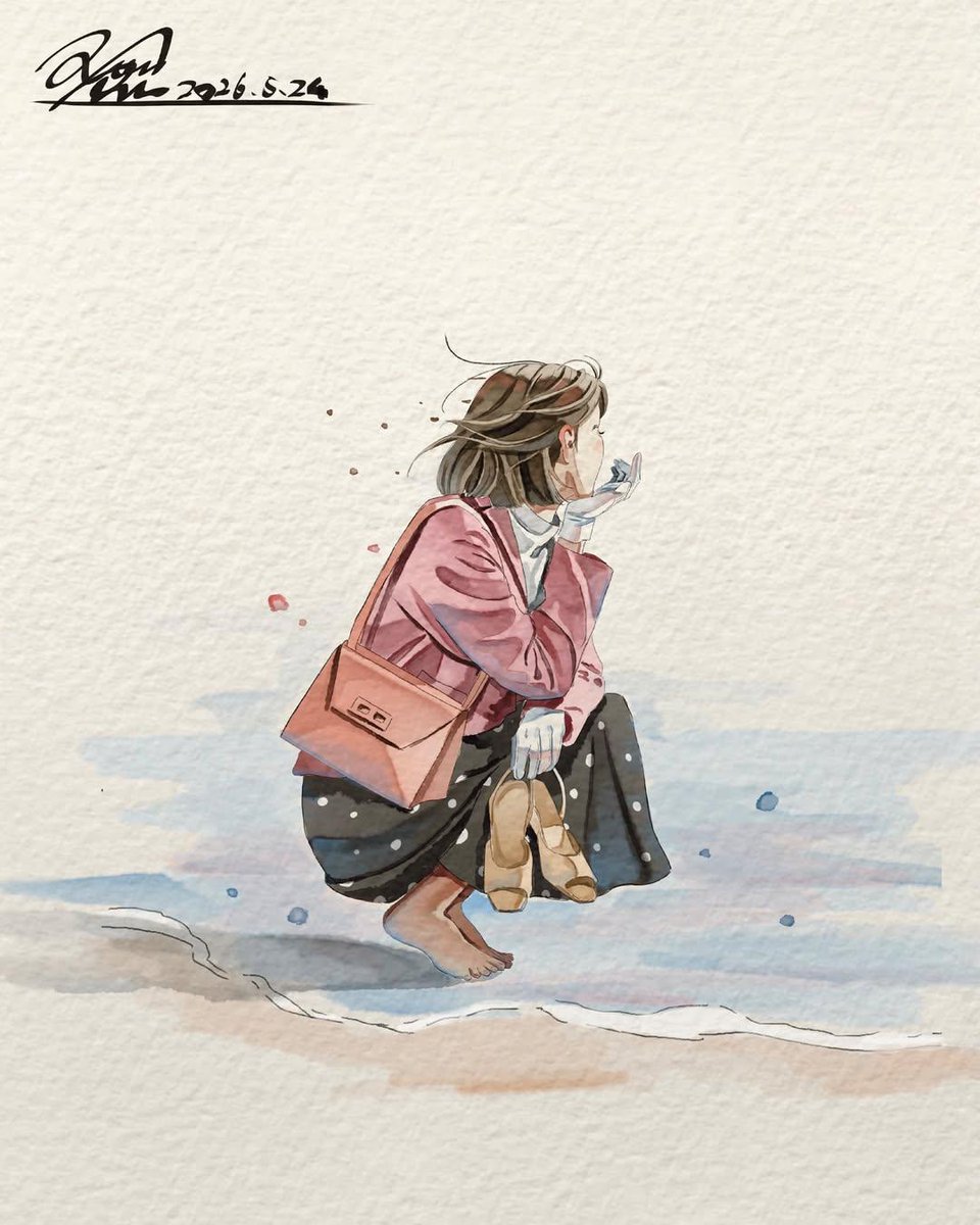 极简水彩插画，画面中一位年轻女子处于自然随性的日常瞬间，柔和的手绘动漫美学，细腻的墨线勾勒，带纹理的水彩纸背景，低饱和度柔和粉彩色调，富有表现力的姿态，飘逸的衣褶，主体周围点缀着细腻的颜料飞溅...
