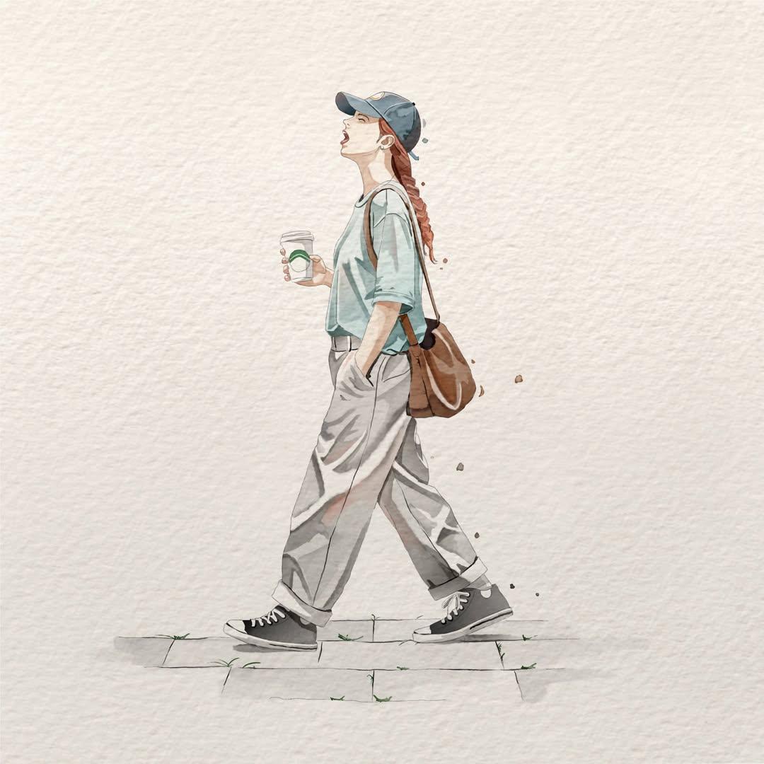 极简水彩插画，画面中一位年轻女子处于自然随性的日常瞬间，柔和的手绘动漫美学，细腻的墨线勾勒，带纹理的水彩纸背景，低饱和度柔和粉彩色调，富有表现力的姿态，飘逸的衣褶，主体周围点缀着细腻的颜料飞溅...