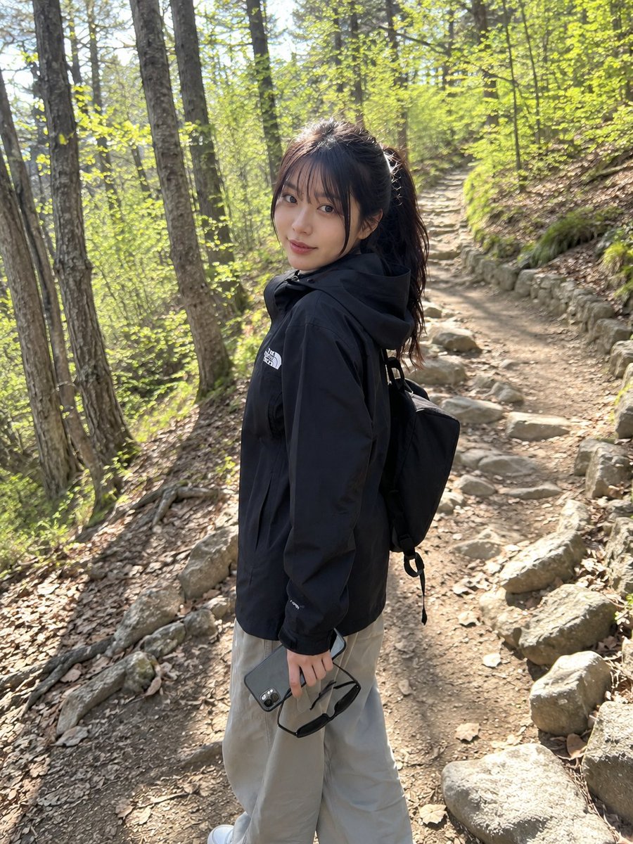 一位年轻的日本女性正在进行轻松的徒步旅行，站在一条崎岖的森林小径上，周围环绕着树木、落叶和自然的林地景色。她身穿一件宽松的黑色户外夹克，搭配宽松的浅灰色徒步裤、白色运动鞋，背着一个黑色背包，一...