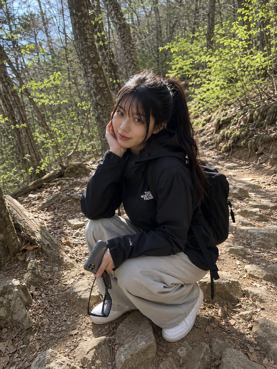 一位年轻的日本女性正在进行轻松的徒步旅行，站在一条崎岖的森林小径上，周围环绕着树木、落叶和自然的林地景色。她身穿一件宽松的黑色户外夹克，搭配宽松的浅灰色徒步裤、白色运动鞋，背着一个黑色背包，一...