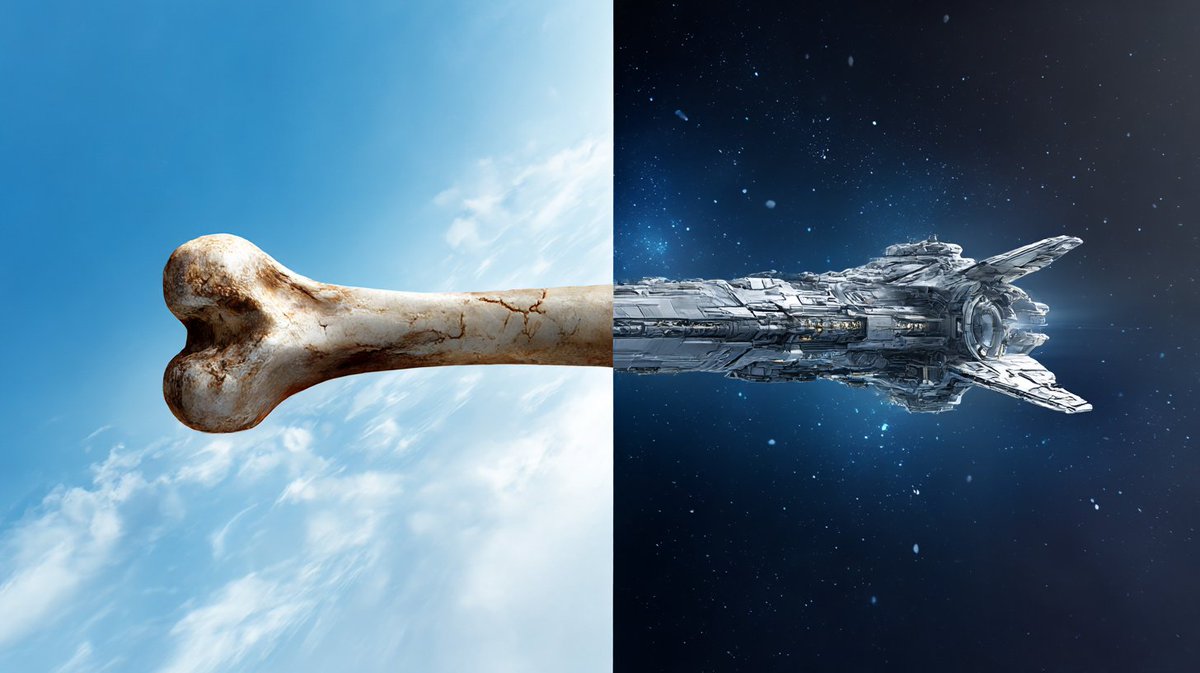 一个照片写实风格的分屏构图，精确地从中心一分为二。左半部分：一根精细的狗骨头倚靠在分割线上，背景是明亮的蓝天和柔和的云朵。右半部分：骨头有机地变形为一艘令人惊叹的未来主义飞船，其轮廓和形态延续...