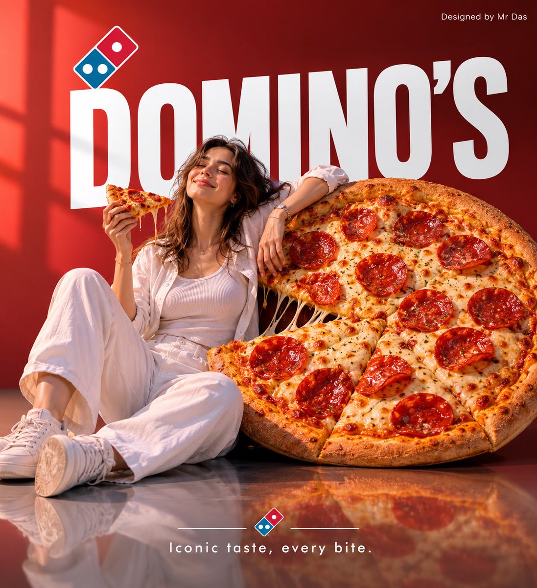 极简风格商业广告，主打超大号 Domino’s 意式辣香肠披萨，设计极为简洁。一名身穿全白服装的年轻女子轻松地斜靠在巨型披萨上，姿态放松而自信，双眼微闭，手中还拿着一块普通尺寸的披萨。背景为柔...