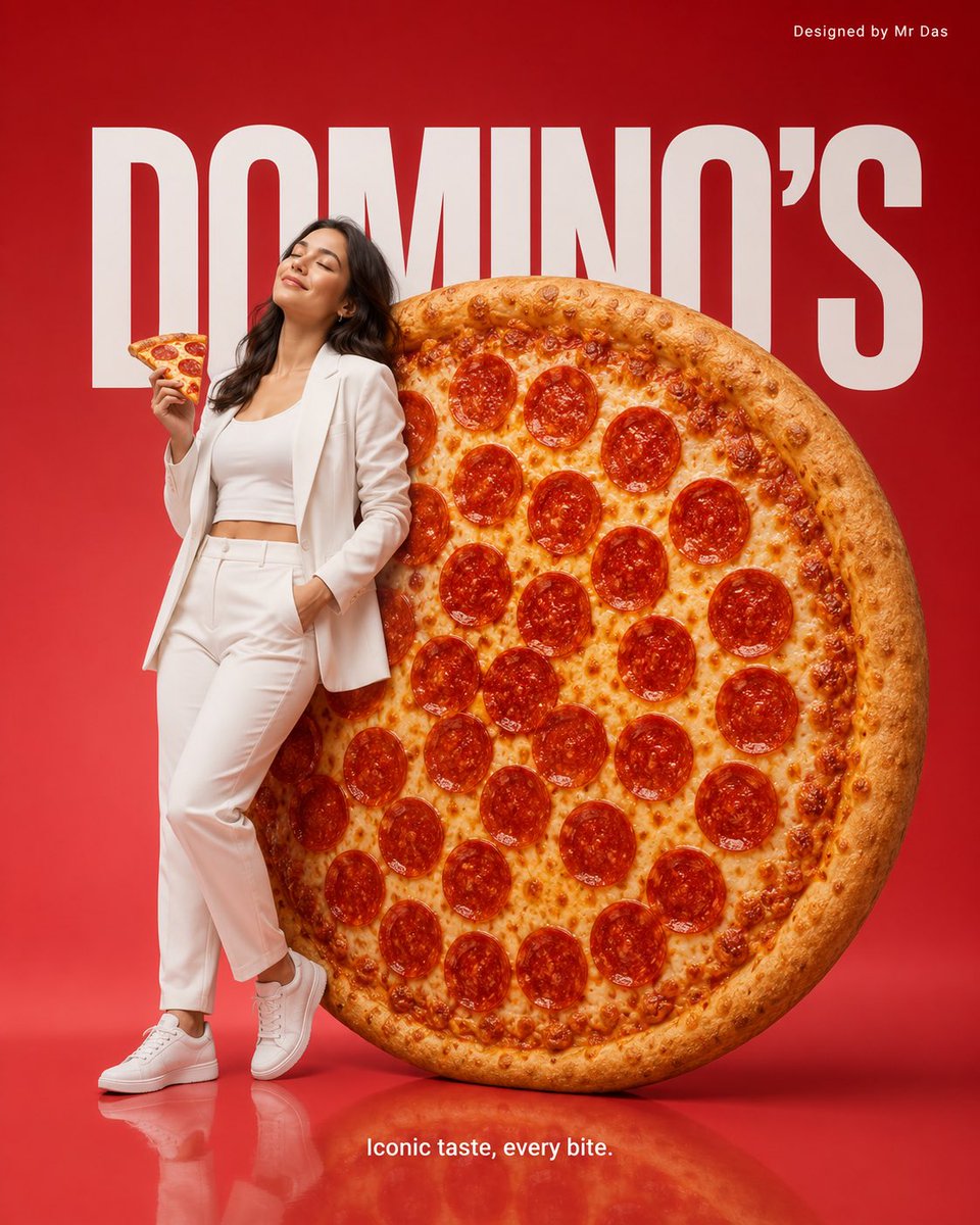 极简风格商业广告，主打超大号 Domino’s 意式辣香肠披萨，设计极为简洁。一名身穿全白服装的年轻女子轻松地斜靠在巨型披萨上，姿态放松而自信，双眼微闭，手中还拿着一块普通尺寸的披萨。背景为柔...